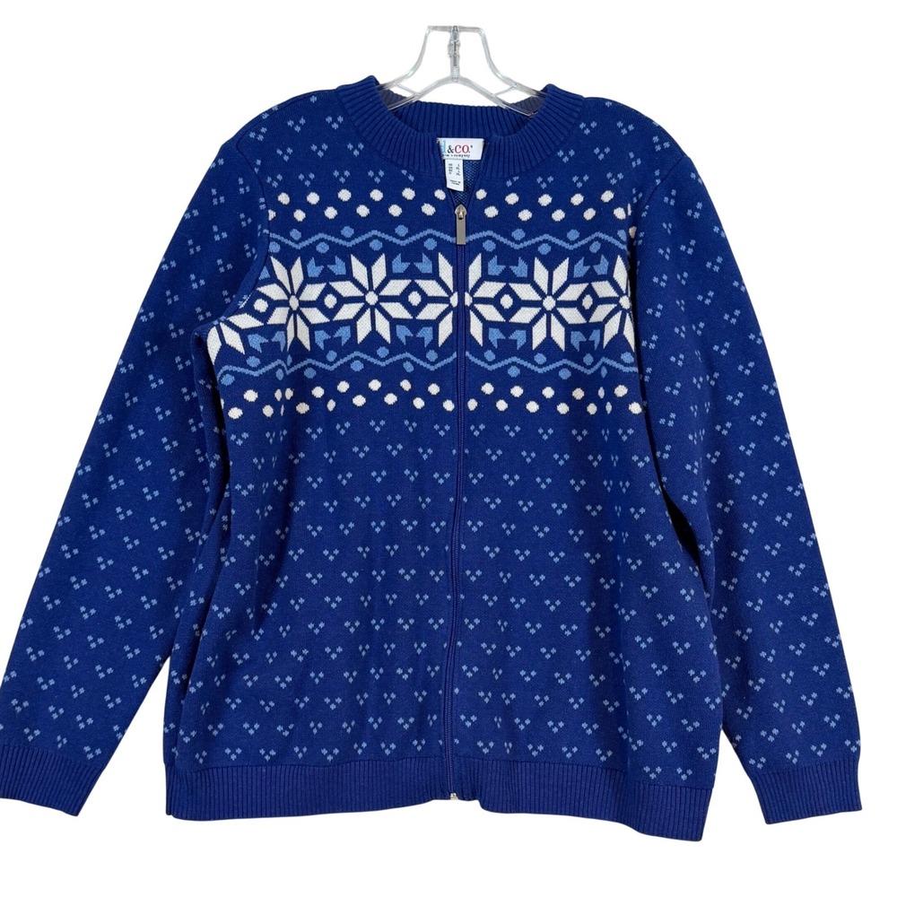 Denim‎ & Co Blue Nordic Snowflake Full Zip Cardigan Sweater Womens •L• Fair Isle